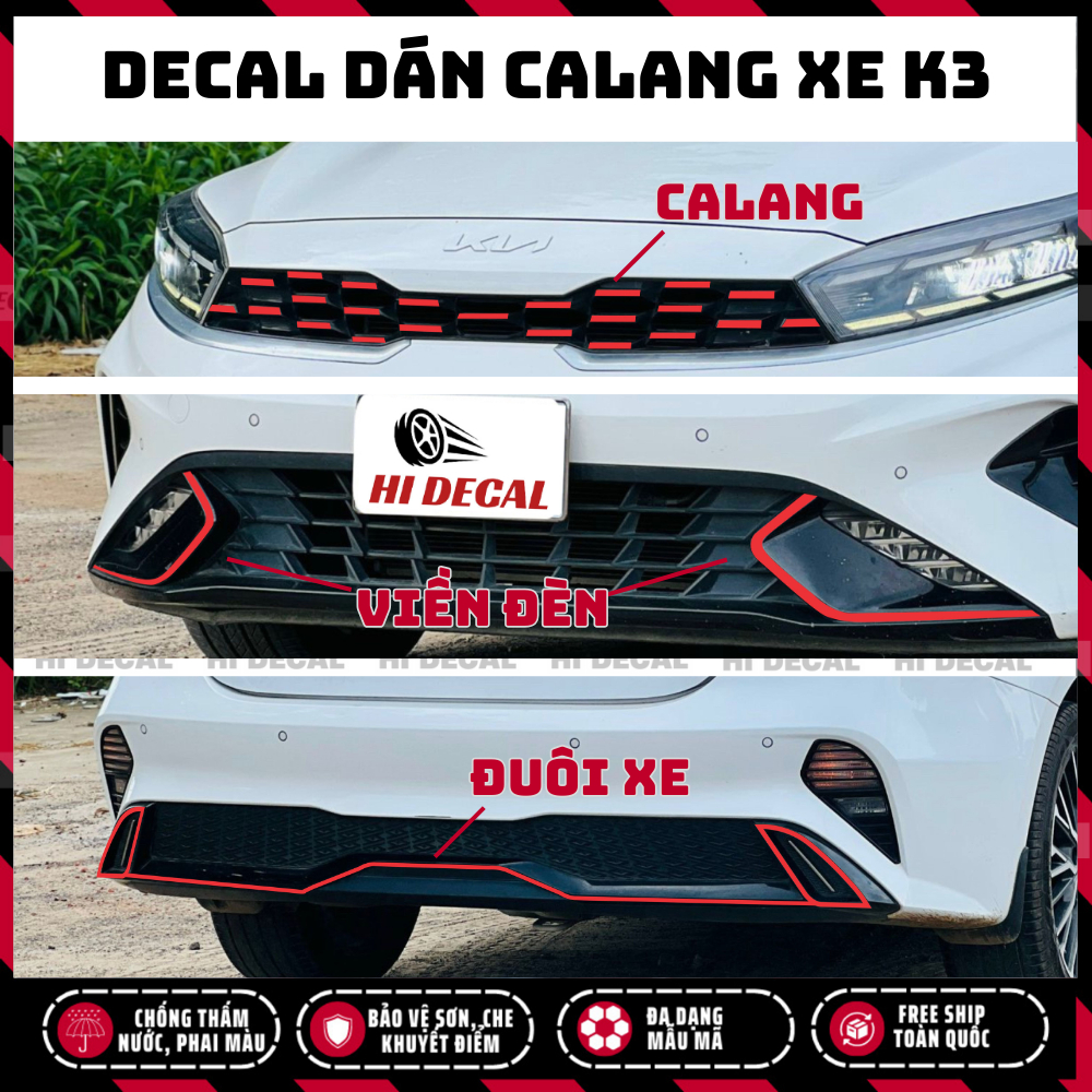 Tem dán calang Kia K3 viền line xe K3,  decal dán viền xe KIA K3 trang trí xe bền màu, chống nước bền màu
