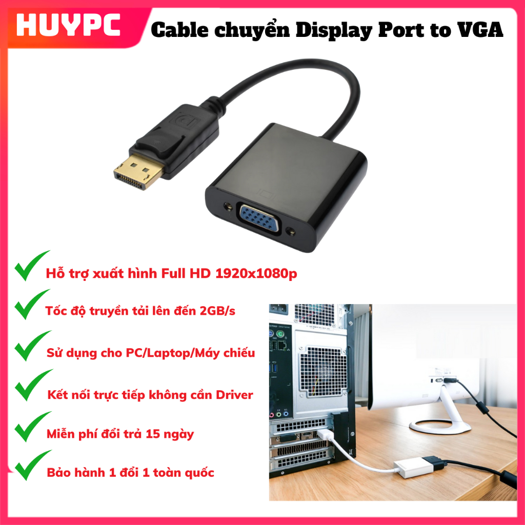 Cáp chuyển đổi Display Port to VGA hỗ trợ Ful HD 1920x1080P | Shopee ...