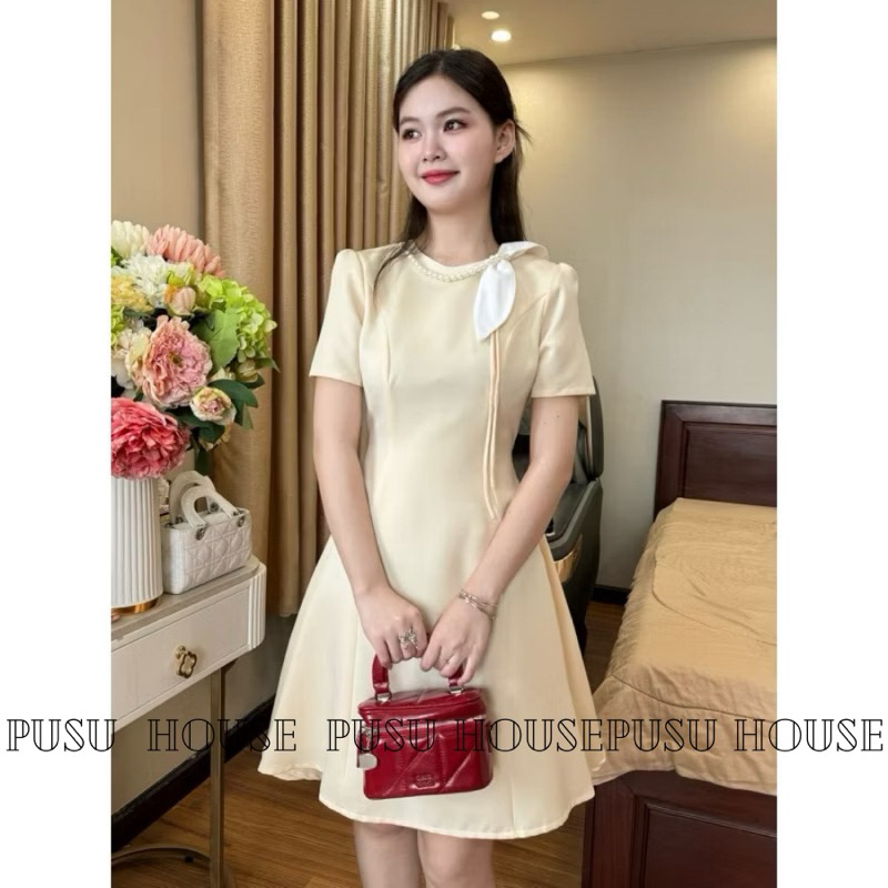 Đầm dự tiệc thiết kế đính chuỗi ngọc phối nơ sang trọng trẻ trung- Pusu house