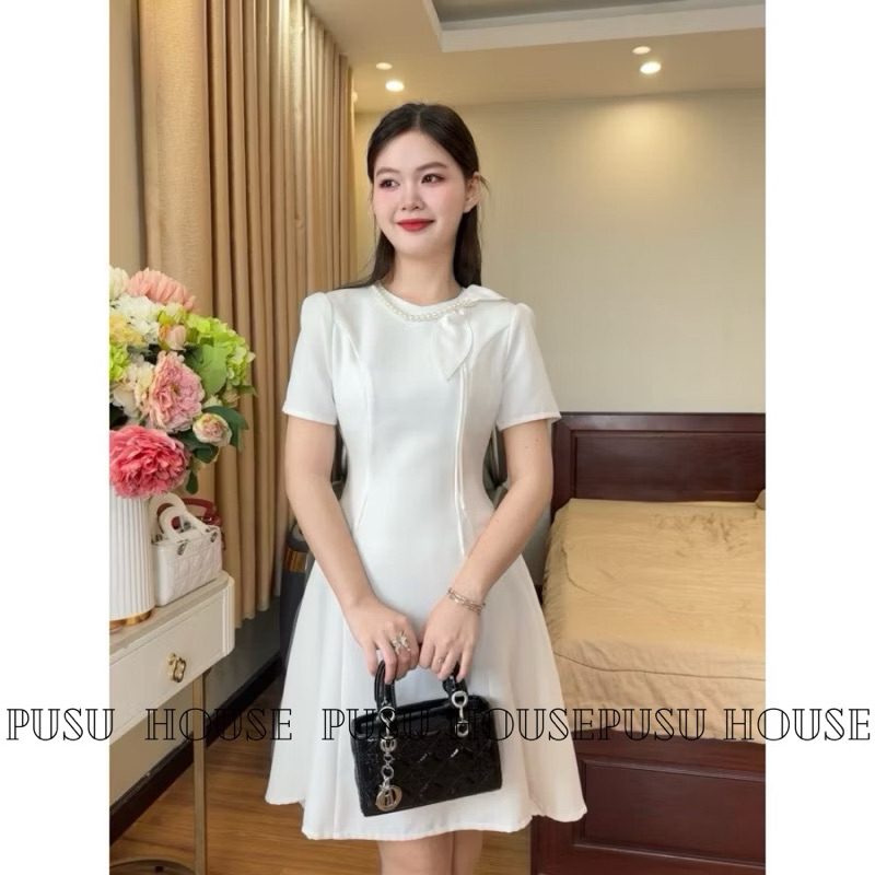 Đầm dự tiệc thiết kế đính chuỗi ngọc phối nơ sang trọng trẻ trung- Pusu house