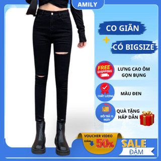 Quần Jean Nữ Lưng Cao AMILY màu đen trơn rách gối dáng Skinny Tôn Dáng