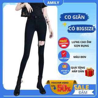 Quần jean nữ dài màu đen AMILY rách đùi to Lưng cao co dãn mạnh có BIGSIZE tới 70kg