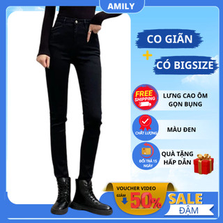 Quần Jean Đen Nữ AMILY Lưng Cao dáng skinny rách gối co giãn có BIGSIZE