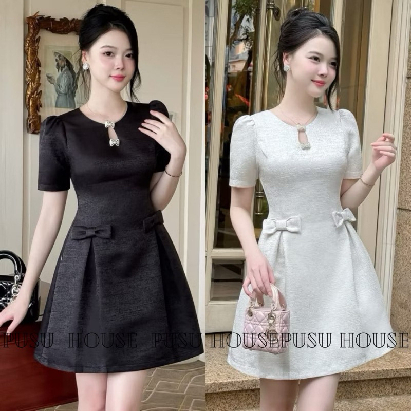 Đầm thiết kế cổ cut out giọt nước dáng A phối nơ eo dịu dàng taffa vân đá dự tiệc-PUSU HOUSE