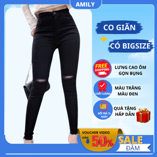 Quần Jean Nữ Rách Gối AMILY – Quần Bò Nữ Rách Gối Cá Tính, Form Ôm Co Giãn, Lưng Cao  (38kg -70kg)