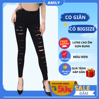 Quần jean nữ rách AMILY chất bò màu đen lưng cao co giãn dáng skiny cao cấp ( CÓ BIGSIZE)