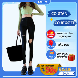 Quần Jean Đen Nữ AMILY Lưng Cao skinny rách xẻ đùi co giãn ( có BIGSIZE) phá cách thời trang