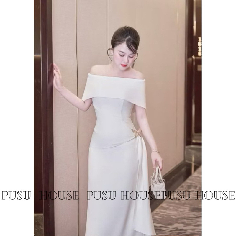 Đầm thiết kế dự tiệc body ôm trễ vai dáng dài phối tà kèm tag cài sang trọng -Pusu house