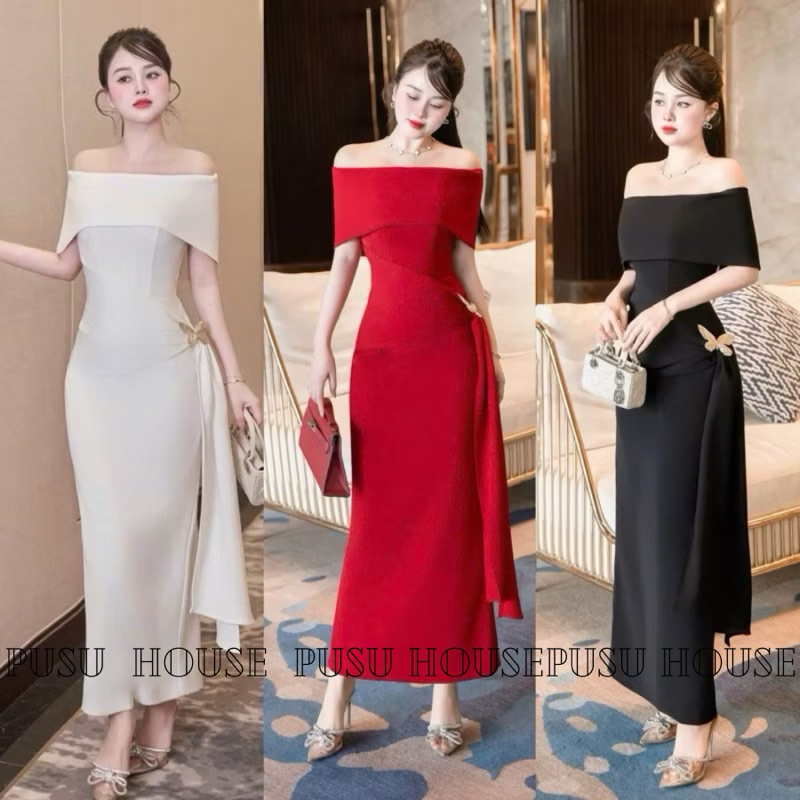 Đầm thiết kế dự tiệc body ôm trễ vai dáng dài phối tà kèm tag cài sang trọng -Pusu house
