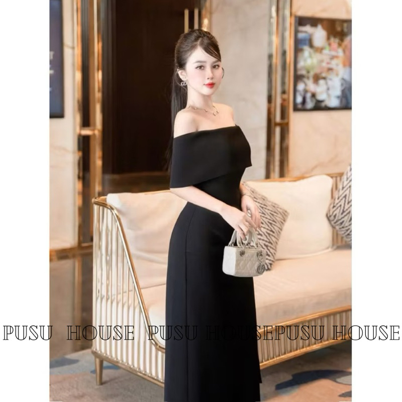 Đầm thiết kế dự tiệc body ôm trễ vai dáng dài phối tà kèm tag cài sang trọng -Pusu house