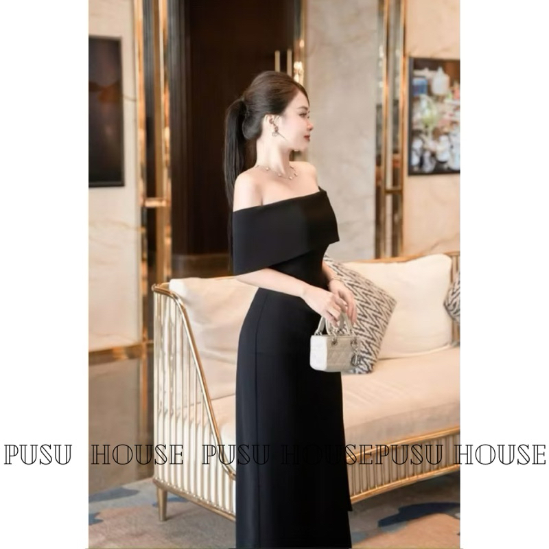 Đầm thiết kế dự tiệc body ôm trễ vai dáng dài phối tà kèm tag cài sang trọng -Pusu house