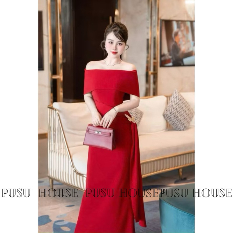 Đầm thiết kế dự tiệc body ôm trễ vai dáng dài phối tà kèm tag cài sang trọng -Pusu house