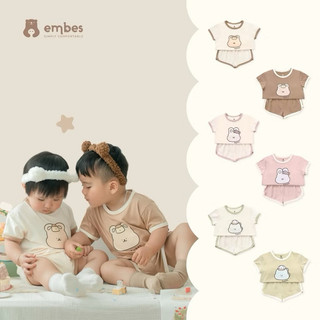 Bộ Quần Áo Cộc Cho Bé Embes, Bộ Cộc Tay In Hình Phối Viền Chất Cotton Cho Bé Trai Bé Gái Size 8-18Kg