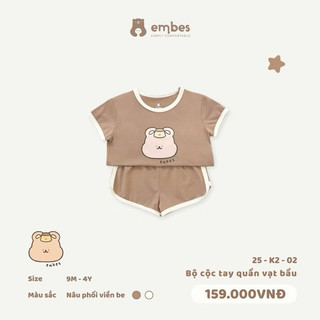 Bộ Quần Áo Cộc Cho Bé Embes, Bộ Cộc Tay In Hình Phối Viền Chất Cotton Cho Bé Trai Bé Gái Size 8-18Kg
