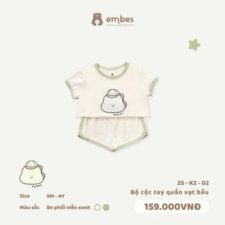 Bộ Quần Áo Cộc Cho Bé Embes, Bộ Cộc Tay In Hình Phối Viền Chất Cotton Cho Bé Trai Bé Gái Size 8-18Kg