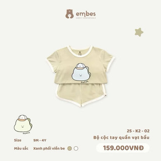 Bộ Quần Áo Cộc Cho Bé Embes, Bộ Cộc Tay In Hình Phối Viền Chất Cotton Cho Bé Trai Bé Gái Size 8-18Kg