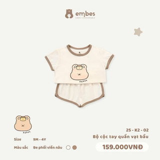Bộ Quần Áo Cộc Cho Bé Embes, Bộ Cộc Tay In Hình Phối Viền Chất Cotton Cho Bé Trai Bé Gái Size 8-18Kg