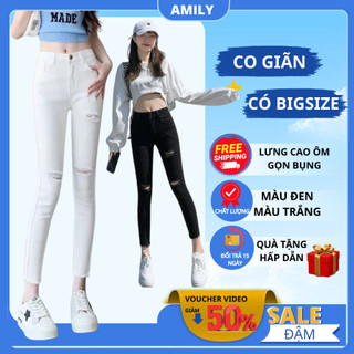 Quần Jean Nữ Lưng Cao Skinny AMILY màu đen chất bò màu trắng co giãn có BIGSIZE
