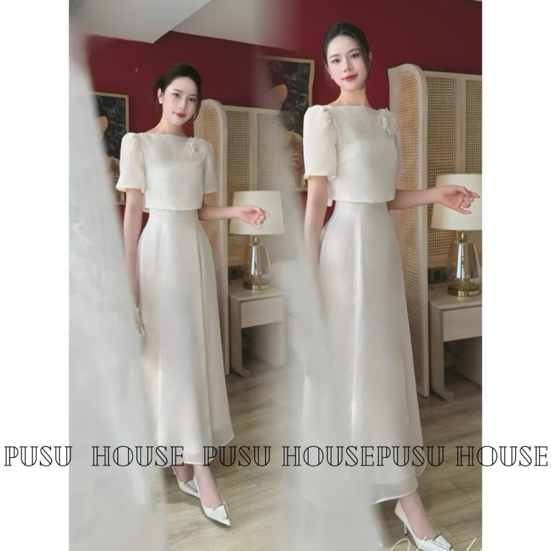 Set đầm dự tiệc hàng thiết kế mặc được nhiều kiểu tơ 3 lớp kèm áo choàng sang trọng -Pusu house