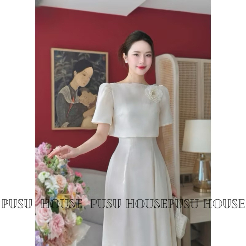 Set đầm dự tiệc hàng thiết kế mặc được nhiều kiểu tơ 3 lớp kèm áo choàng sang trọng -Pusu house