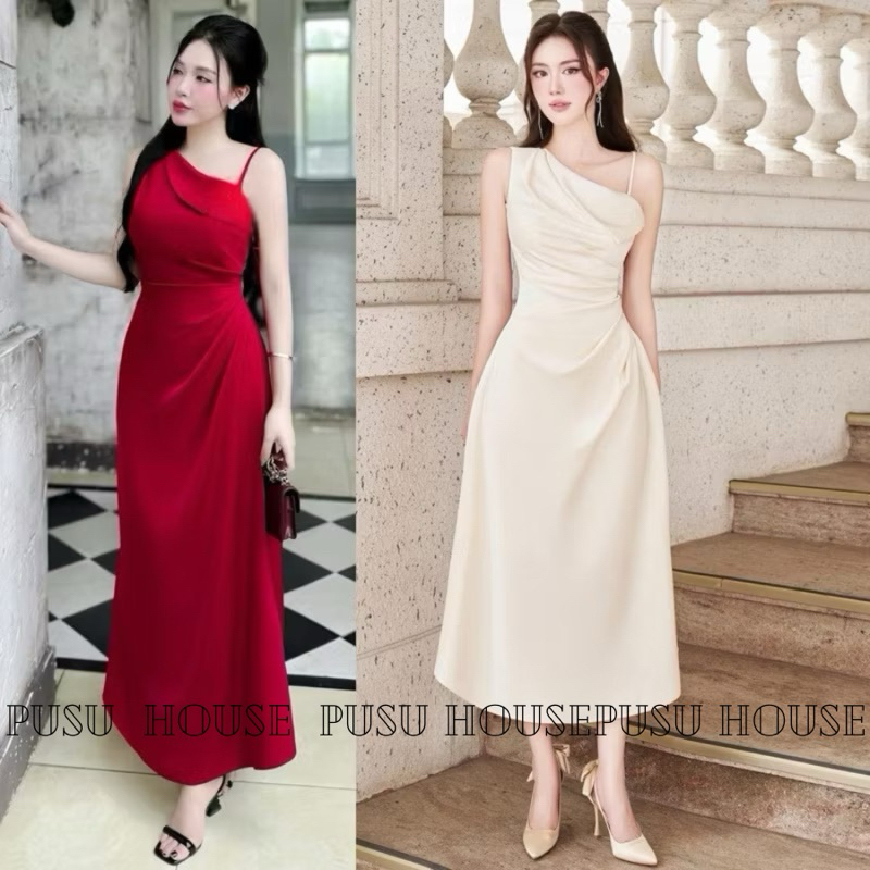 [Hàng sẵn-y hình]Đầm lụa dài lệch vai xếp li eo tôn dáng đi tiệc - pusu house