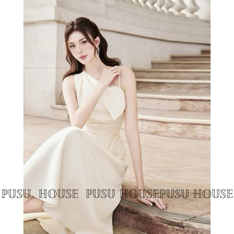 [Hàng sẵn-y hình]Đầm lụa dài lệch vai xếp li eo tôn dáng đi tiệc - pusu house