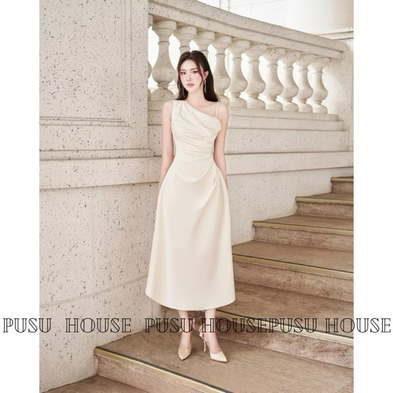 [Hàng sẵn-y hình]Đầm lụa dài lệch vai xếp li eo tôn dáng đi tiệc - pusu house