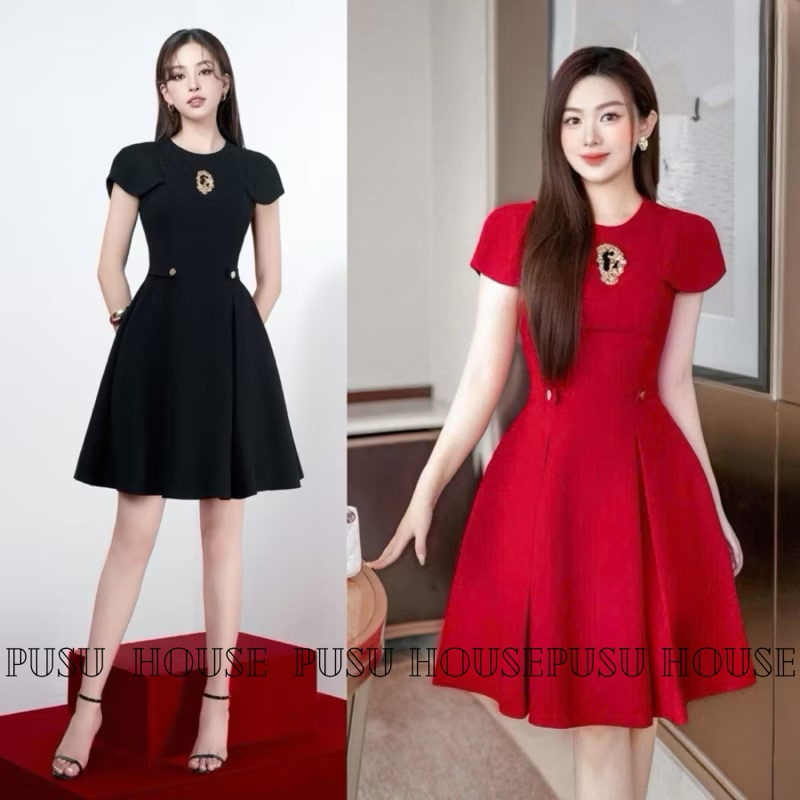 Đầm dự tiệc xoè nhẹ đính kèm charm sang trọng thanh lịch đơn giản-Pusu house