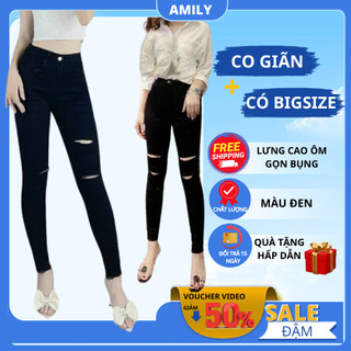 Quần skinny jean nữ AMILY lưng cao co giãn rách gối, rách ngang đùi ( có BIGSIZE tới 70kg)