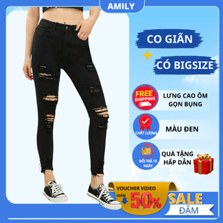Quần Jean Nữ AMILY Lưng Cao Skinny Tôn Dáng rách nhiều chất bò co giãn có BIGSIZE tới 72kg
