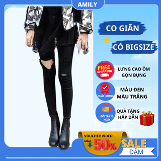 Quần jean AMILY Nữ skinny trắng và đen rách gối kiểu Đặc Biệt co giãn thời trang Hàn Quốc lưng cao