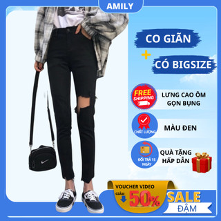 Quần Jean Nữ Dáng Ôm AMILY Lưng Cao RÁCH ĐÙI Co Giãn Bốn Chiều