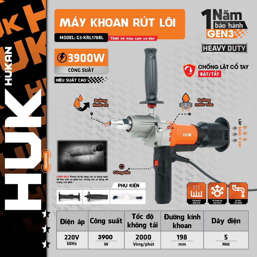 Máy khoan rút lõi bê tông HUKAN HUK G3-KRL178BL, Không chổi than 3900W ...