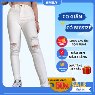 Quần Jean Trắng Nữ AMILY màu đen lưng cao rách gối co giãn dáng skinny có BIGSIZE tới 70kg