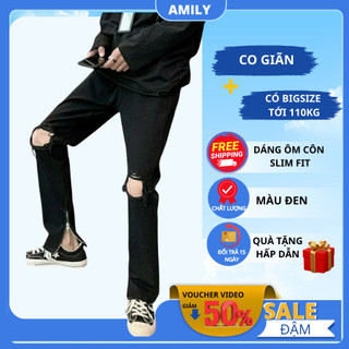 Quần Skinny Jeans Nam AMILY Màu Đen Trơn Vải Co Giãn,Có Zipper,Trơn và Rách Gối thời trang