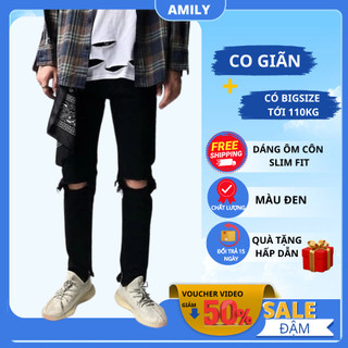 Quần Skinny Jeans Đen AMILY Vải Co Giãn,Có Zipper, bò rách gối to ngang có khóa ống chân