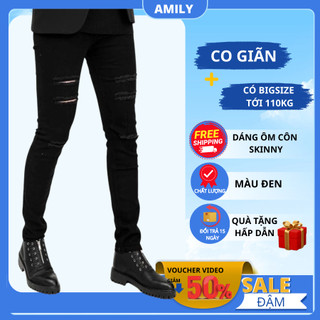 Quần jean nam AMILY màu đen rách gối đùi chất bò vải Denim co giãn, form slimfit có BIGSIZE tới 90kg