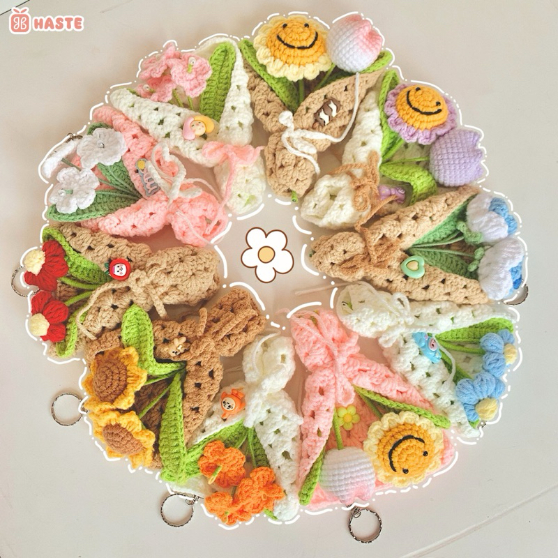 Móc Khoá Len Bó Hoa Mini Hướng Dương Tulip Lưu Ly Quà Tặng Tốt Nghiệp Handmade Dễ Thương