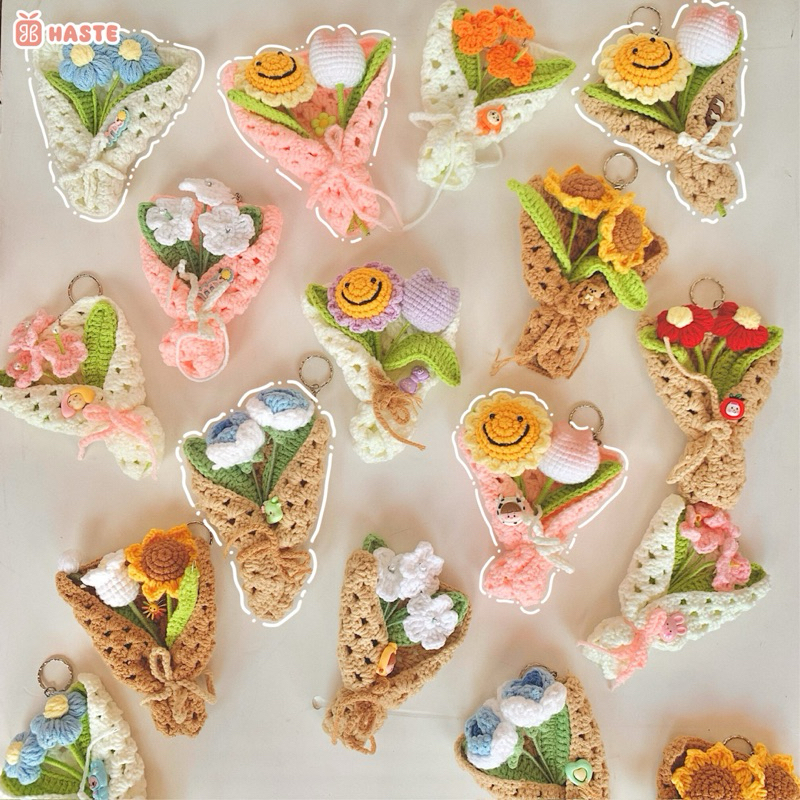 Móc Khoá Len Bó Hoa Mini Hướng Dương Tulip Lưu Ly Quà Tặng Tốt Nghiệp Handmade Dễ Thương