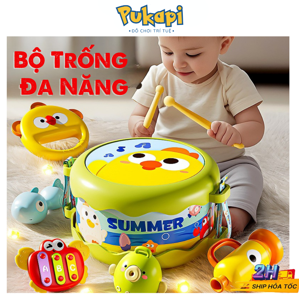Bộ Trống Lục Lạc 5 Món Xúc Xắc Set Trống Đa Năng Vali Gặm Nướu Kèn Trống Đồ Chơi Âm Thanh - Đồ Chơi Cho Bé PUKAPI