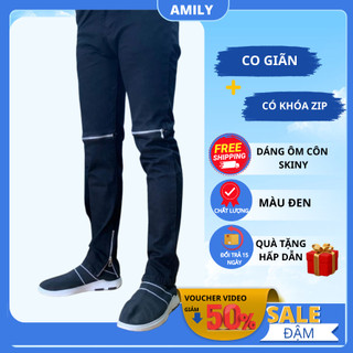 Quần jean nam AMILY khóa gối màu đen trơn chất bò co dãn 4 chiều Phối Thêu Zip Ống chân mẫu 2024