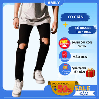 Quần Skinny Jean Nam-AMILY-Màu Đen-Rách Gối To-Chất Cotton Co Giãn-Ống Đứng Dáng-Ống Ôm Chân Skinny