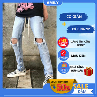 Quần Skinny Jeans xanh AMILY Vải Co Giãn,Có Zipper, bò rách gối to ngang có khóa ống chân