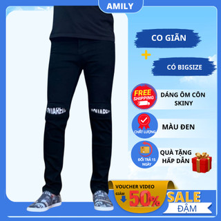 Quần jean nam đen AMILY rách gối lót vá chữ Ống Côn Ôm Dáng Skinny Chất Bò CO GIÃN Kiểu Mới Nhất Nhà