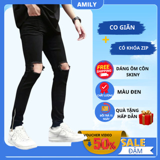 Quần Bò Nam Đen Trơn, Rách Gối AMILY chất vải Demin co giãn form slimfit Phối Khoá Zip Ống chân