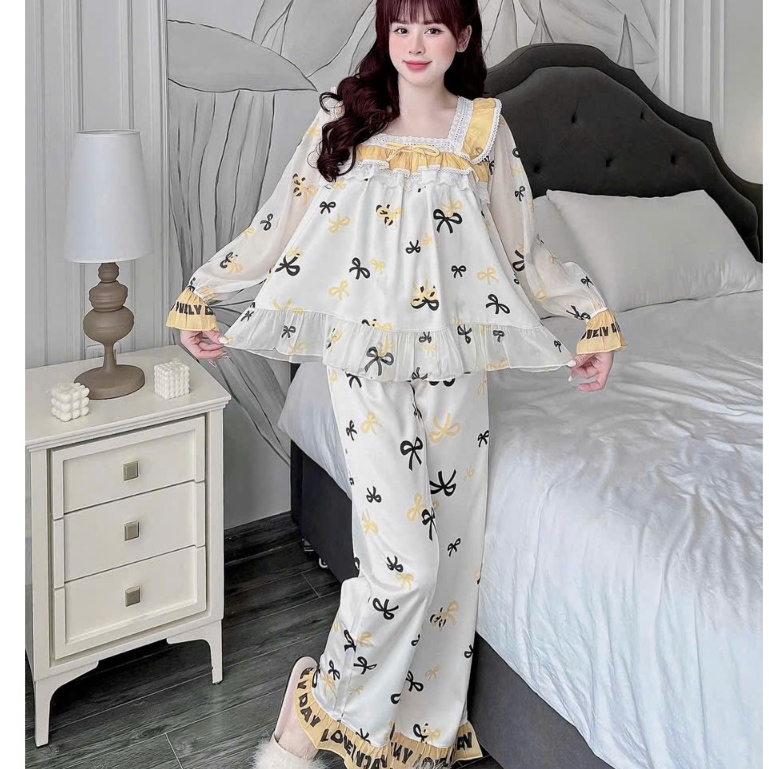 Đồ ngủ lụa lạnh cao cấp,đồ bộ dài tay nữ mùa hè,đồ ngủ tiểu thư Latin mềm mát họa tiết dễ thương[69]