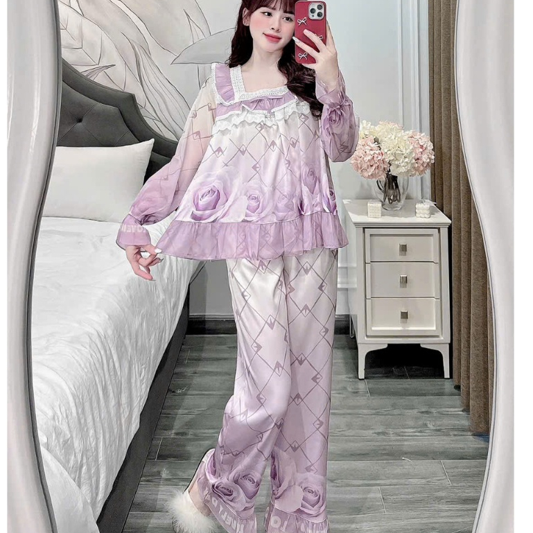 Đồ ngủ lụa lạnh cao cấp,đồ bộ dài tay nữ mùa hè,đồ ngủ tiểu thư Latin mềm mát họa tiết dễ thương[69]