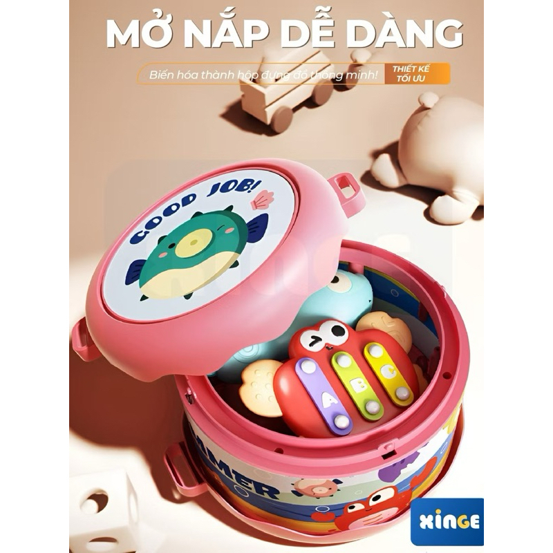 Bộ Trống Lục Lạc 5 Món Xúc Xắc Set Trống Đa Năng Vali Gặm Nướu Kèn Trống Đồ Chơi Âm Thanh - Đồ Chơi Cho Bé PUKAPI