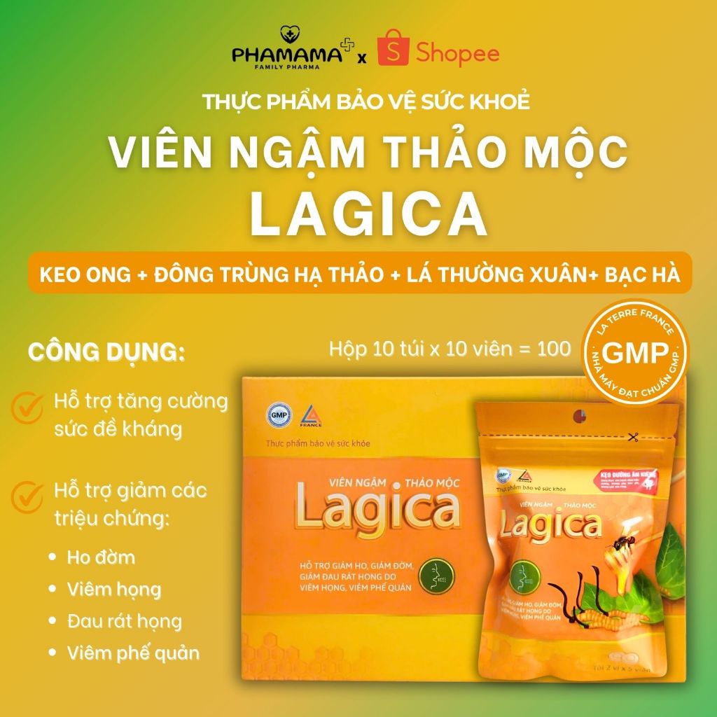 Ảnh Viên ngậm thảo mộc Lagica làm giảm ho, giảm đau họng do viêm họng (10 viên/hộp hoặc 10 viên/túi) 1