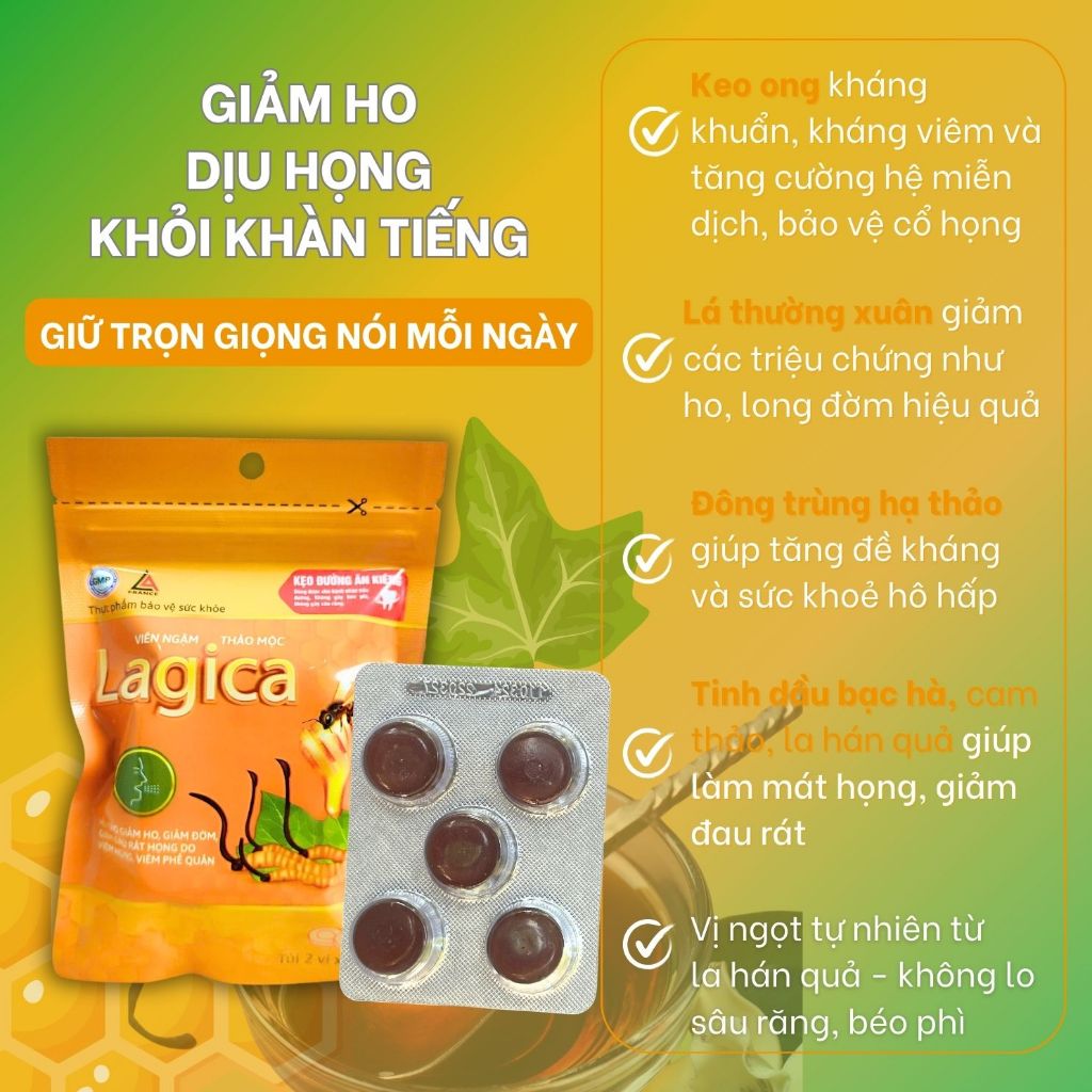 Ảnh Viên ngậm thảo mộc Lagica làm giảm ho, giảm đau họng do viêm họng (10 viên/hộp hoặc 10 viên/túi) 2
